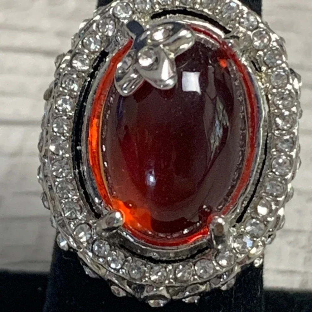 Vintage Style Red Cabochon Statement Ring Silver Tone Rhinestone Halo Size 7.5